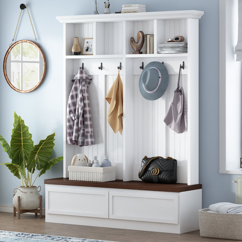 Hall Tree 55.9 Wide With Bench And Storage White Brown